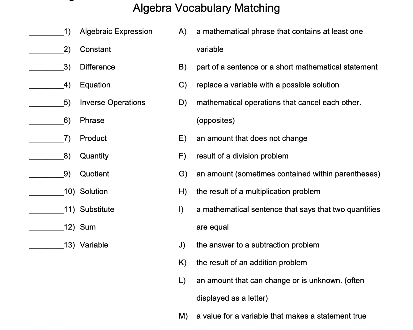 word form pre algebra vocab definition explanations